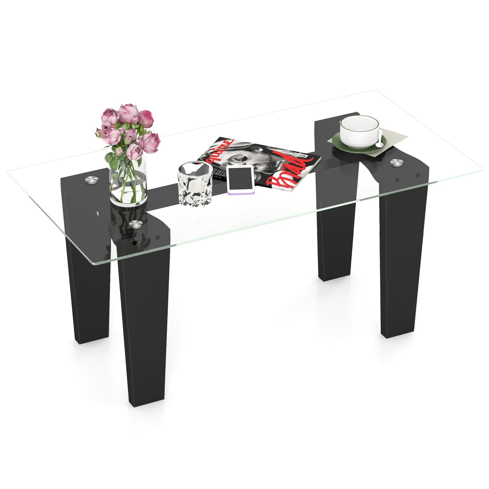 Tangkula Glass Coffee Table, 39.5 Inch Modern Rectangular Center Table with Solid Rubber Wood Leg(Rectangular, Black)